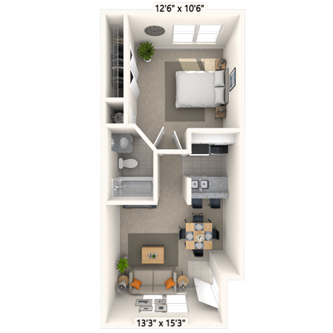 Floor plan for 1 bed, 1 bath, 516 sqft
